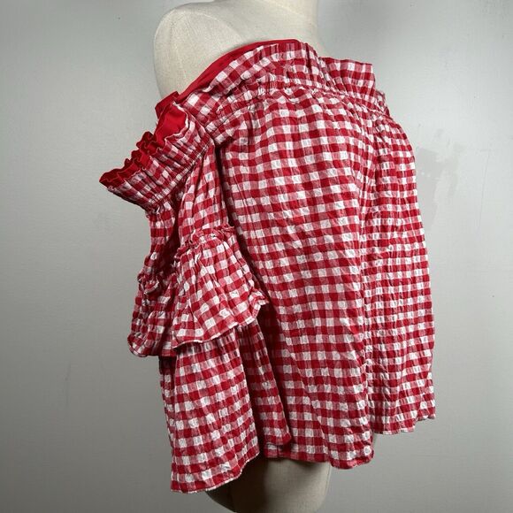 Misa Los Angeles Sabina Gingham Off The Shoulder Top Ruffle Blouse Top Red M - Picture 3 of 8